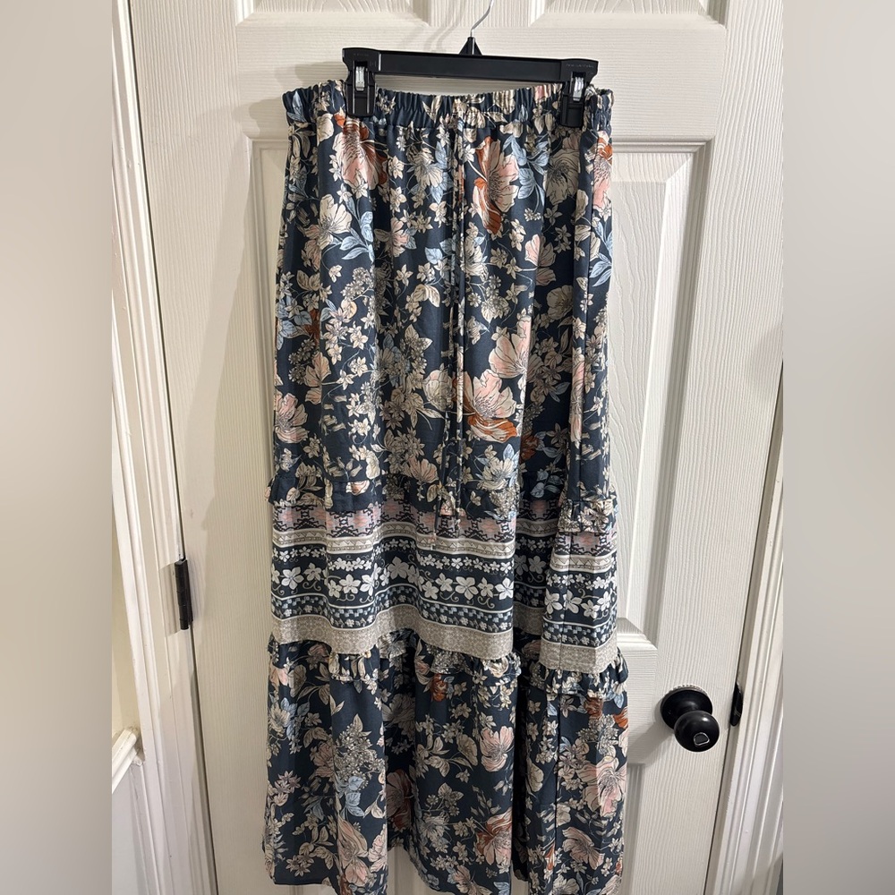 Sienna Sky Floral Tiered Maxi Skirt in Slate Blue, Blush, and Cream